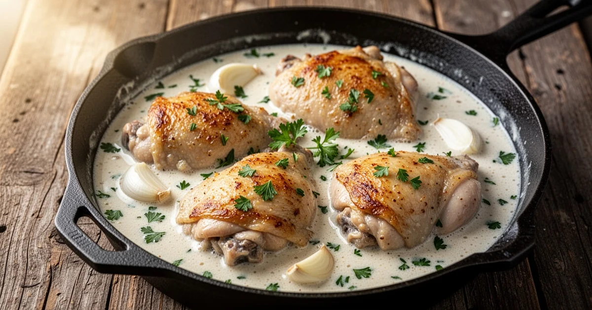 Cast iron skillet with creamy garlic chicken and fresh parsley on a wooden table