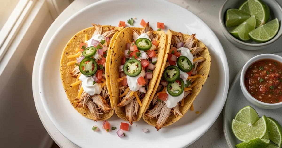 Three crispy baked chicken tacos on a white plate with salsa and lime wedges.
