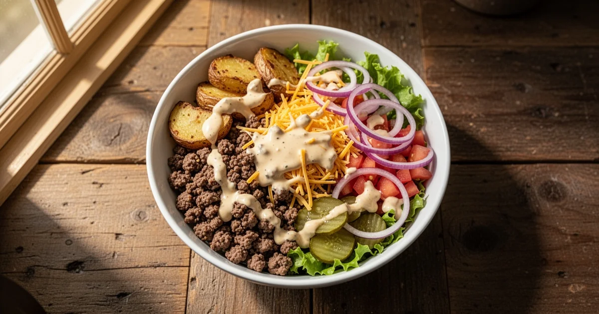 A ceramic bowl filled with burger bowl ingredients topped with cheese and sauce on a wooden table.