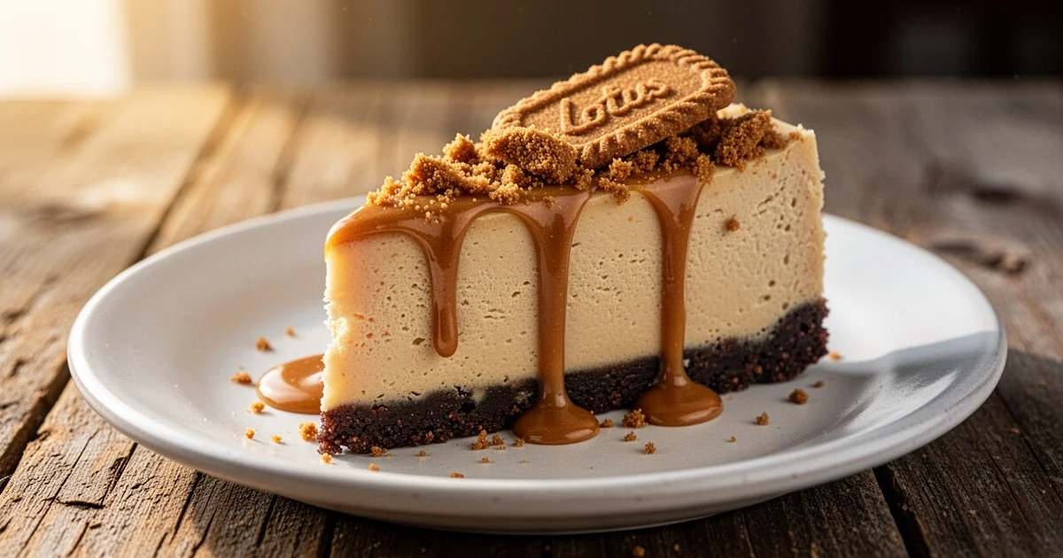 A slice of no-bake Lotus Biscoff cheesecake on a plate with cookie butter drizzle and cookie crumbles