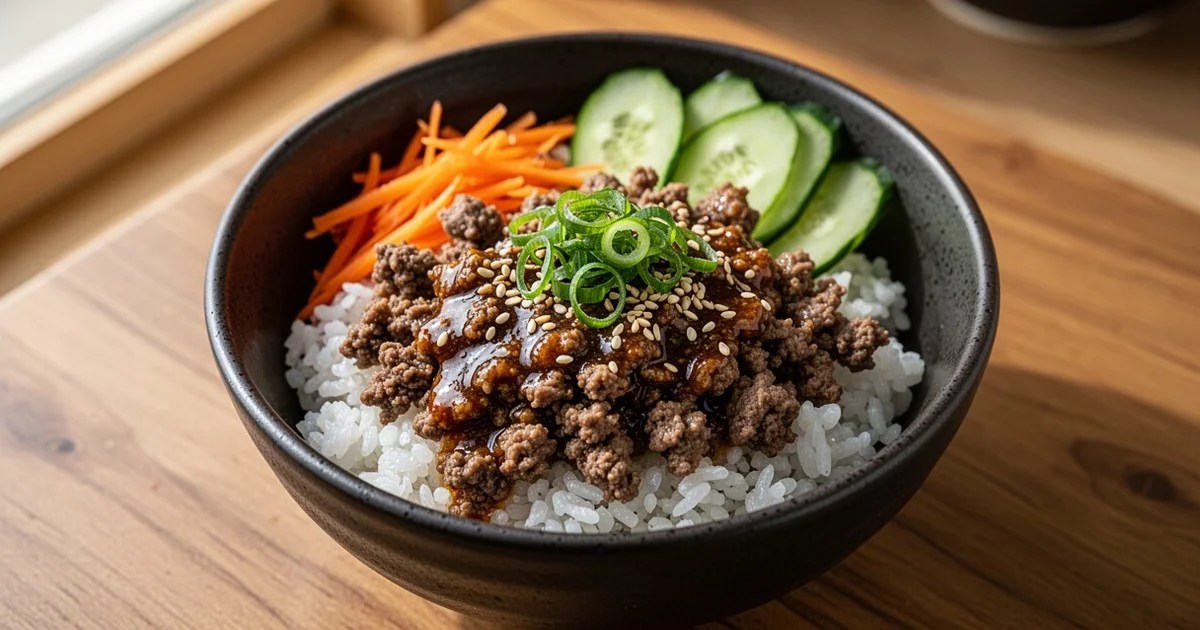 A top-down view of a Korean beef bowl with rice, ground beef, and fresh vegetables in a dark bowl on a wooden table.