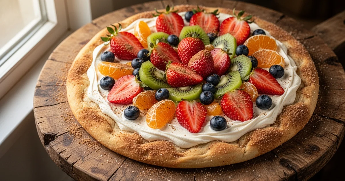 A round fruit pizza with a cinnamon-sugar crust, cream cheese frosting, and fresh berries and kiwi on a wooden board.