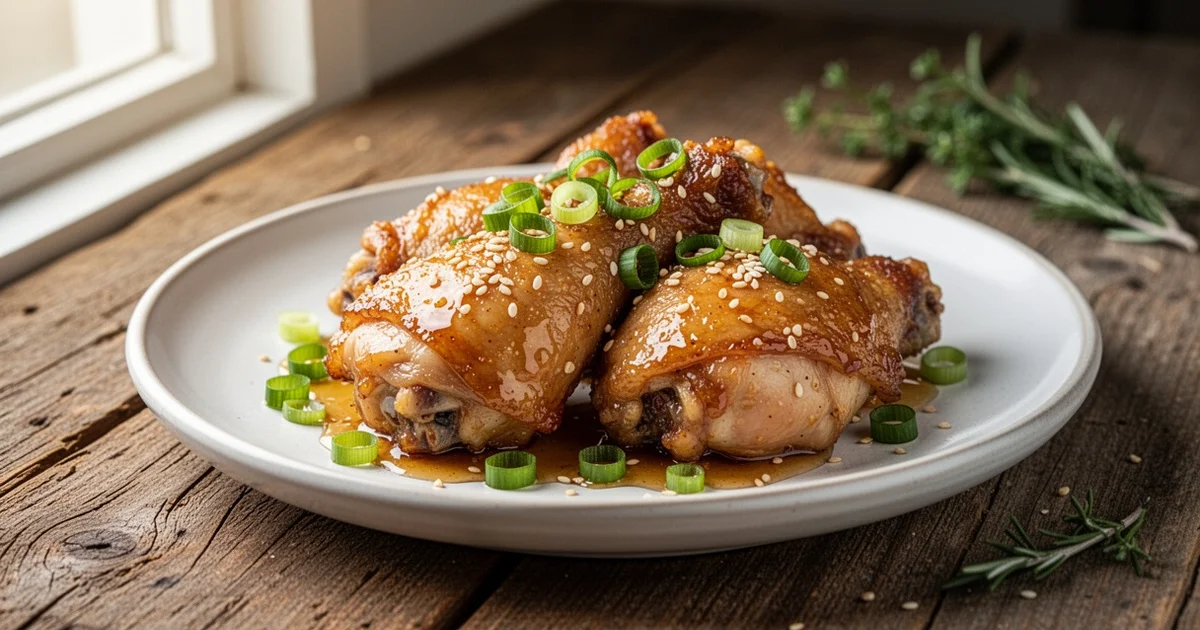 Plate of crispy honey garlic chicken thighs with sesame seeds and green onions on a wooden table