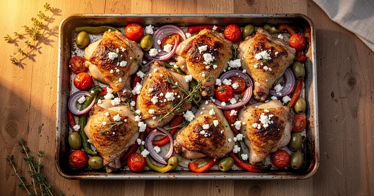 A sheet pan with roasted chicken thighs, cherry tomatoes, bell peppers, and olives topped with feta cheese on a wooden table.