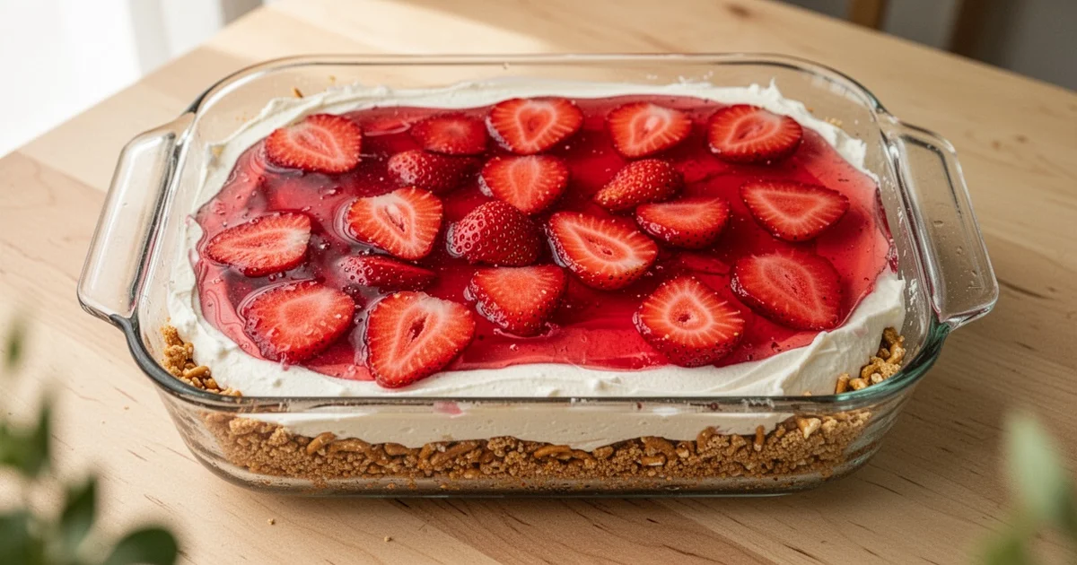 Glass baking dish of strawberry pretzel salad with three distinct layers on a wooden table.