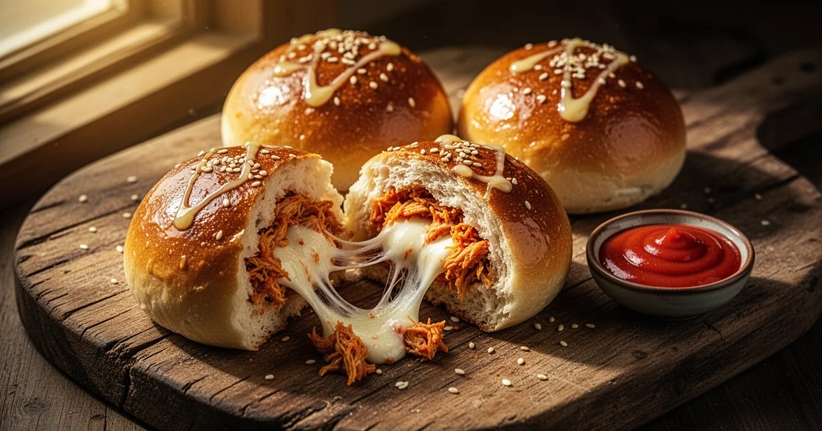 Three golden chicken buns with sesame seeds on a wooden board, one pulled apart to show melted cheese and shredded chicken filling