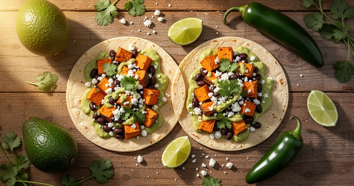 Two corn tortillas filled with roasted sweet potatoes, black beans, and avocado sauce on a wooden table