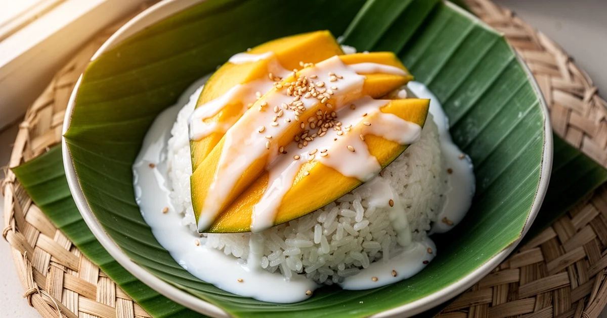 Bowl of mango sticky rice with coconut cream and sesame seeds on a banana leaf