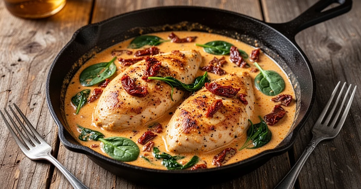 A cast iron skillet with creamy sun-dried tomato chicken, golden chicken breasts in a rich sauce with spinach and tomato bits on a wooden table.
