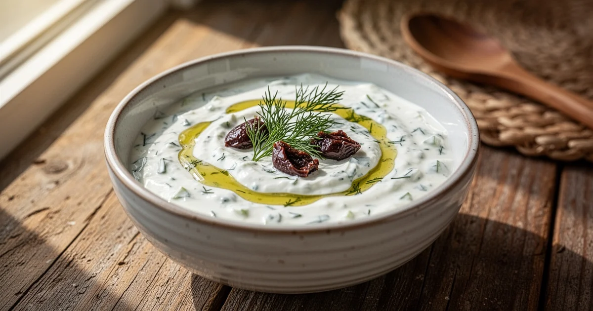 Close-up of a bowl of creamy tzatziki sauce with olive oil and fresh dill on a wooden table.