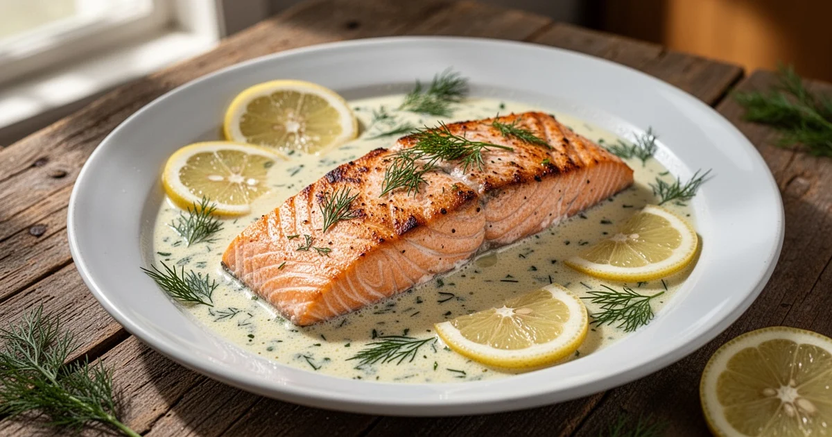 Seared salmon fillet in creamy lemon butter sauce on a white plate, garnished with dill and lemon slices.