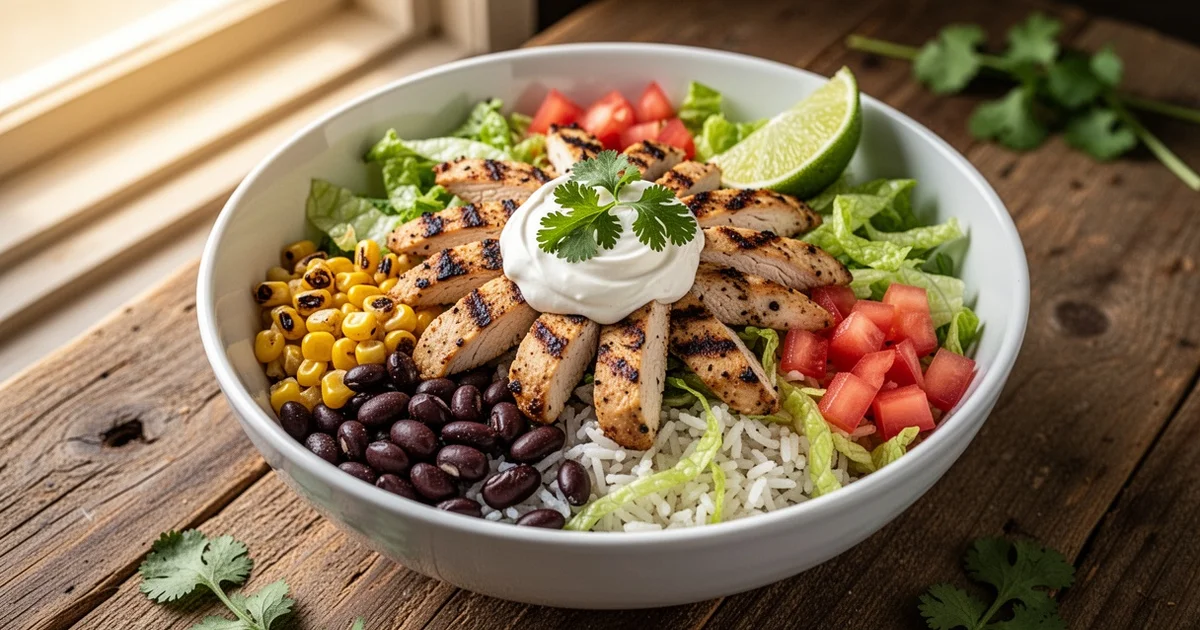 A chipotle chicken bowl with cilantro lime rice, black beans, grilled corn, and sour cream on a wooden table.