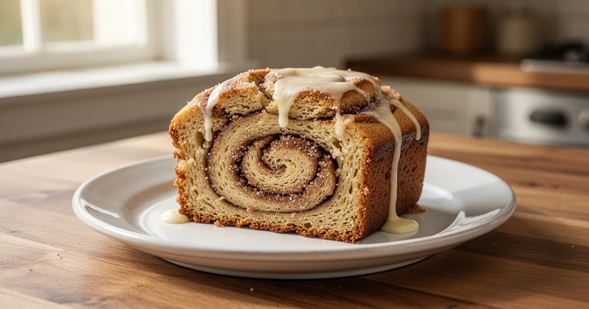 A slice of cinnamon swirl banana bread with cream cheese glaze on a white plate on a wooden table.