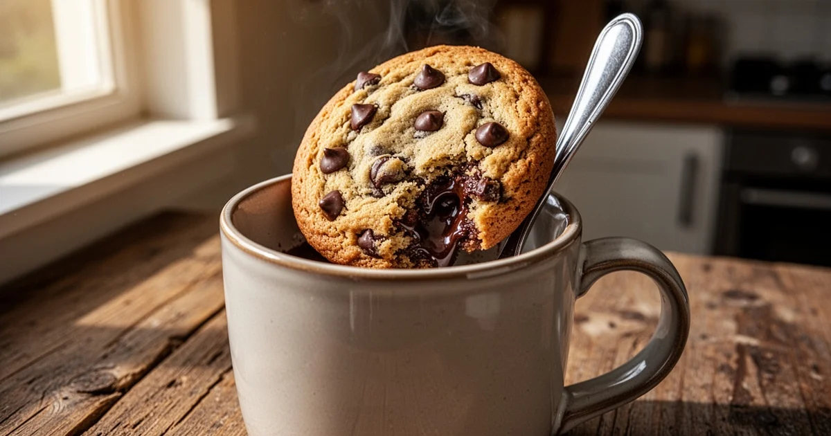 Ceramic mug filled with warm chocolate chip cookie on wooden counter, spoon inside