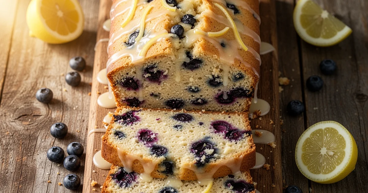 Sliced lemon blueberry loaf on a wooden table with a creamy lemon glaze and scattered blueberries