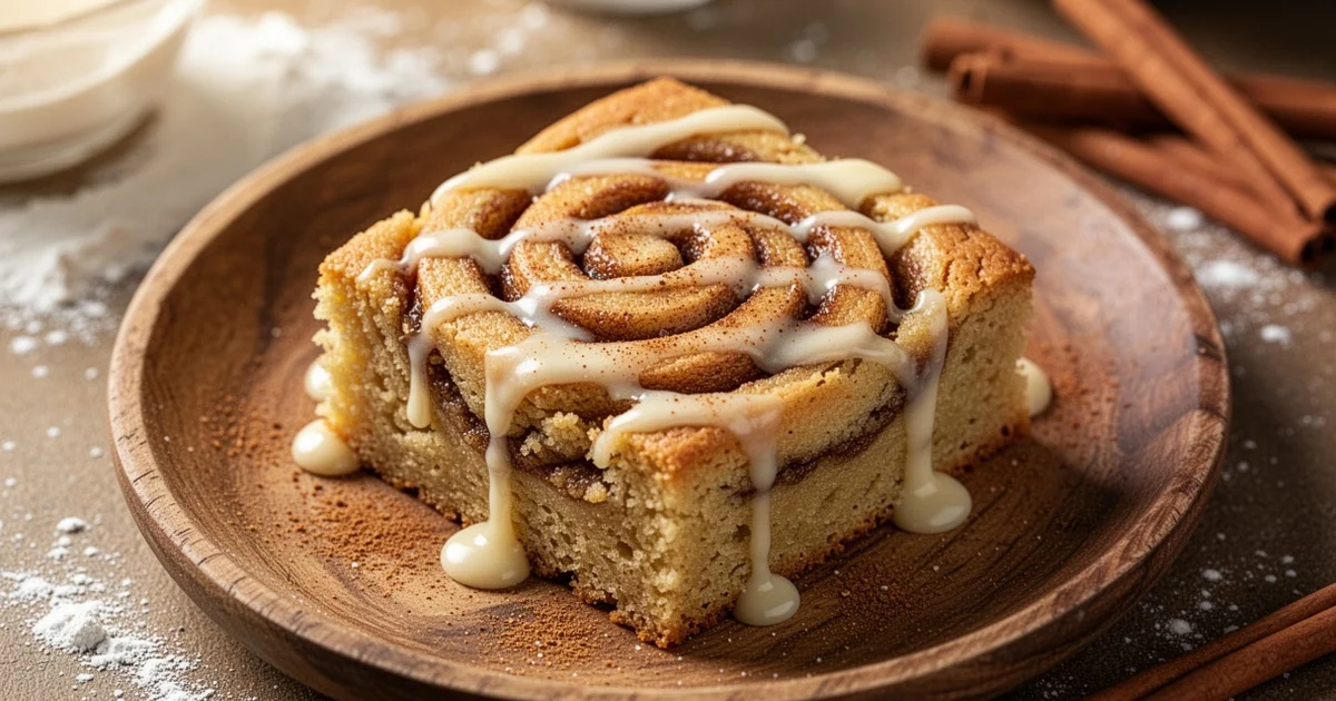A golden-brown cinnamon roll blondie on a wooden plate, drizzled with cream cheese glaze and sprinkled with cinnamon.