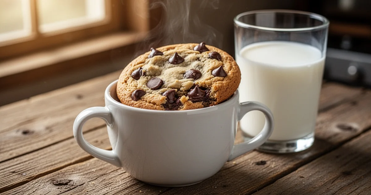A warm chocolate chip cookie in a white mug on a wooden table with a glass of milk beside it.