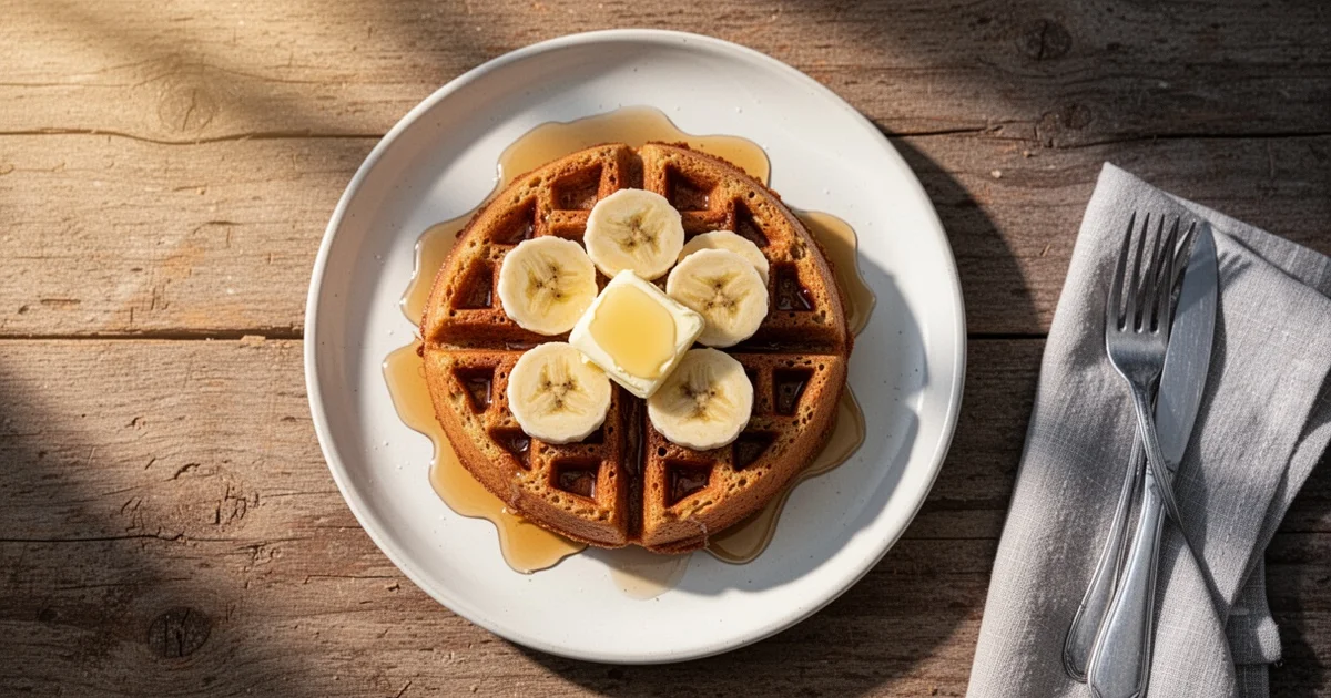 A golden banana bread waffle on a white plate with maple syrup, bananas, and melting butter.
